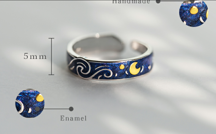 Genuine Van Gogh's Enamel Rings Jewelry 925 Silver Glitter Deer Sky Gold Moon Star Canvas Finger Ring Romantic for Women