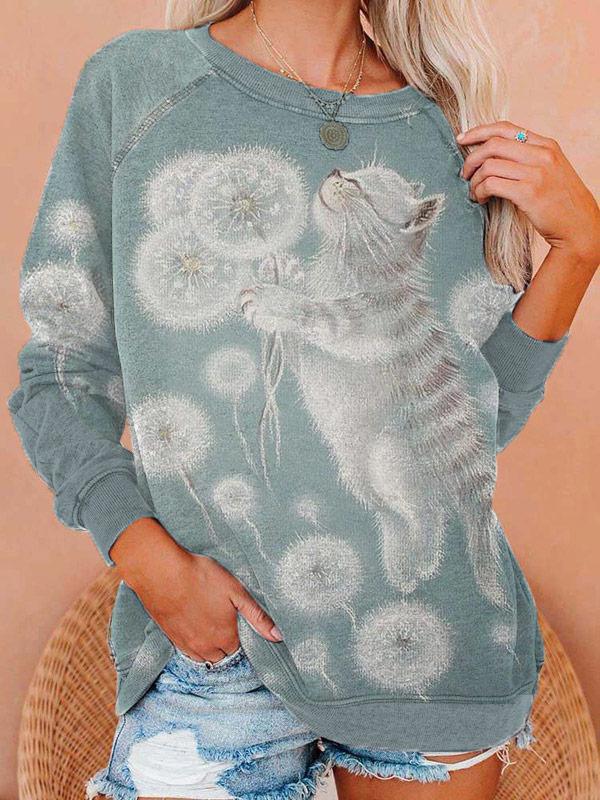 Ladies cat Dandelion Print Crew Neck Sweatshirts