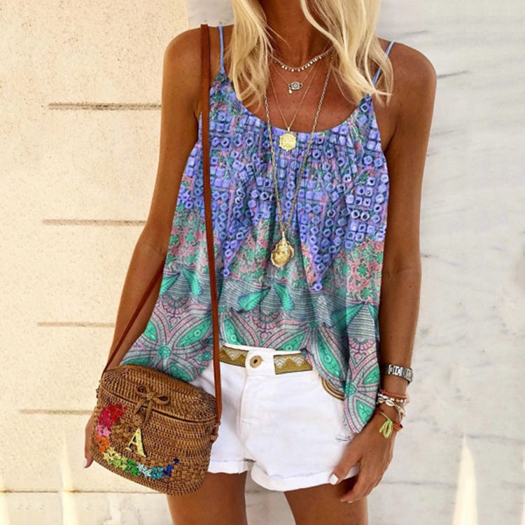 New Women's Summer Print Loose Sling Top