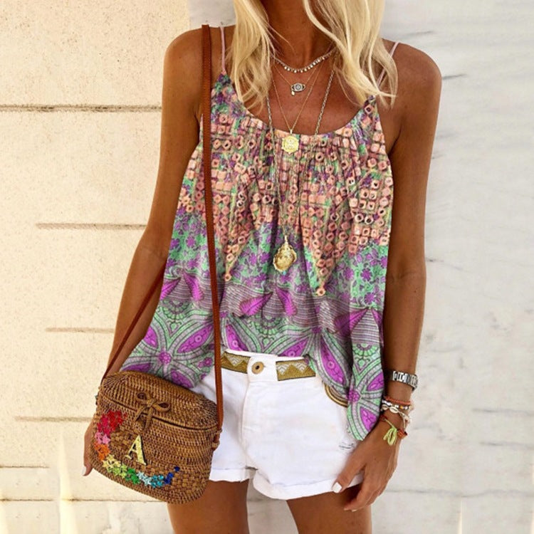 New Women's Summer Print Loose Sling Top