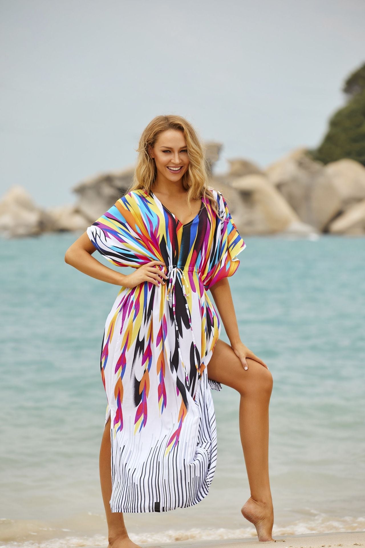 Loose Rainbow Color Super Adult Cotton Drawstring Belt Loose Positioning Beach Smock Vacation Robe Dress