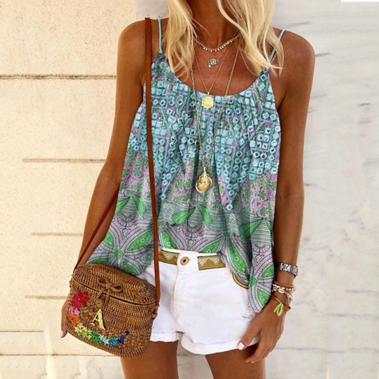 New Women's Summer Print Loose Sling Top