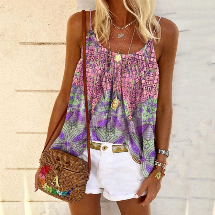 New Women's Summer Print Loose Sling Top