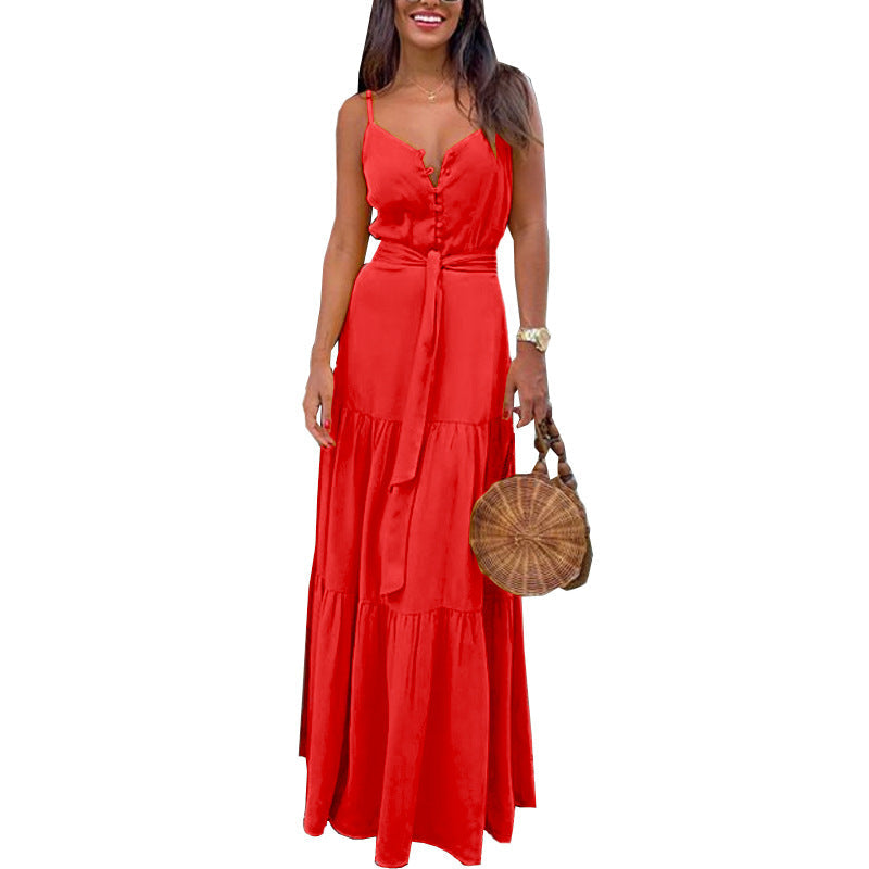 Summer New Women's Personality Button-up V-neck Sling Dress FC539