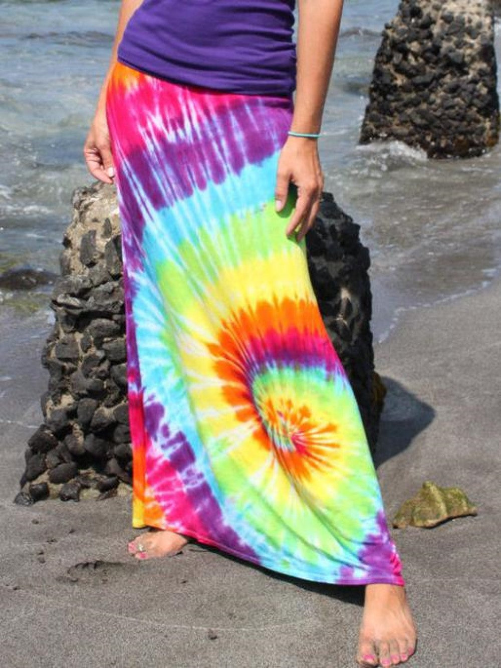 Fashion Tie-dye Colorful Swirl Print Elastic Loose Waist Midi Skirt