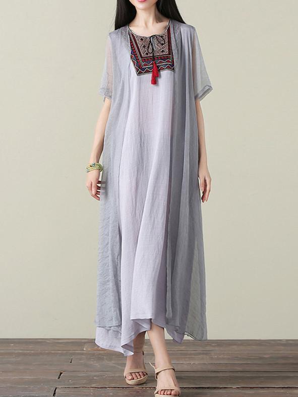 Casual Inwrought Printed Round Neck Short Sleeve Beach Maxi Dress