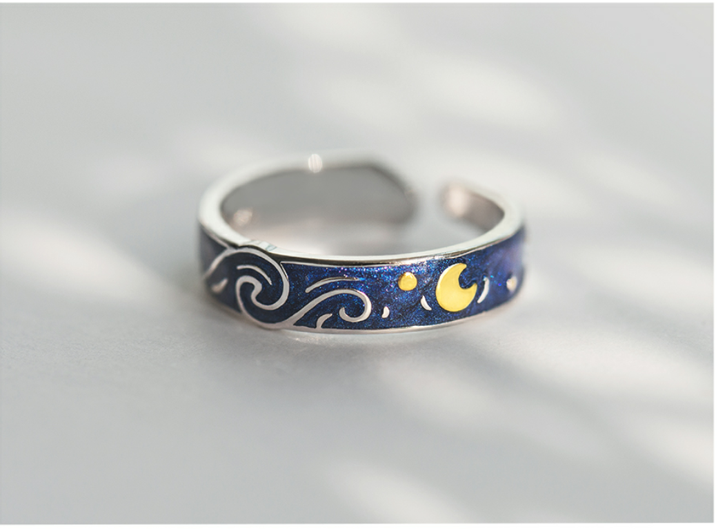 Genuine Van Gogh's Enamel Rings Jewelry 925 Silver Glitter Deer Sky Gold Moon Star Canvas Finger Ring Romantic for Women