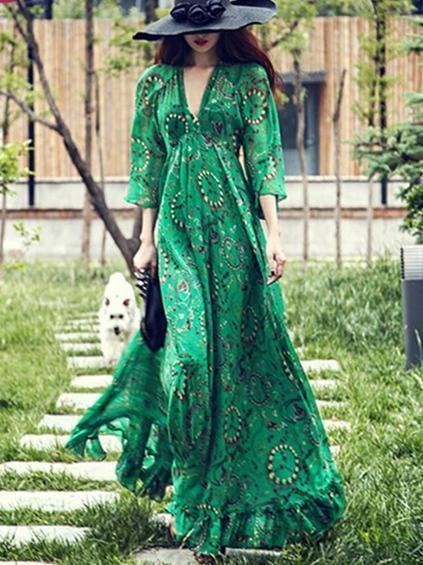 Bohemia Chiffon Green Flared Sleeves V-neck Maxi Dress