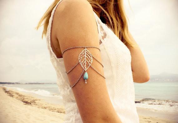 Stylish minimalist vintage hollow leaves foliage turquoise arm chain