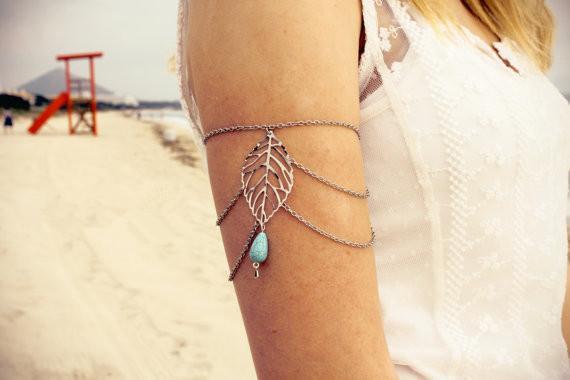 Stylish minimalist vintage hollow leaves foliage turquoise arm chain