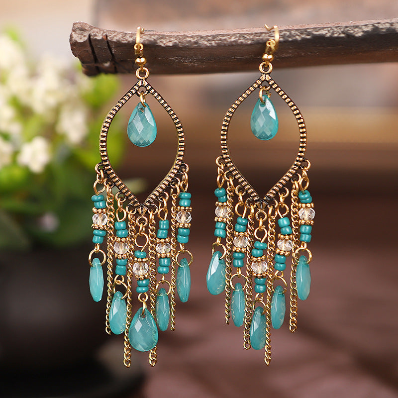 Antique gold-plated long fringed earrings for women vintage waterdrop bohemian chain earrings