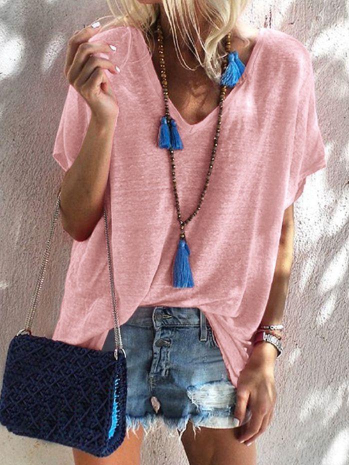 Summer Candy-colored Large Size Loose V Neck Short-sleeved T-shirt Female