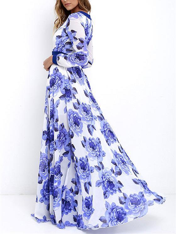 Floral Printed Deep V-neck Long Sleeves Maxi Dress