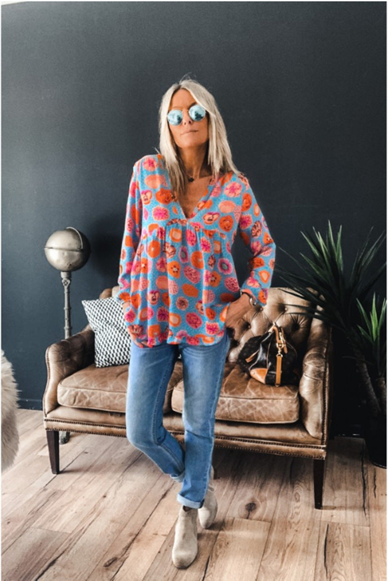 New Floral Print V-neck Long-sleeved T-shirt