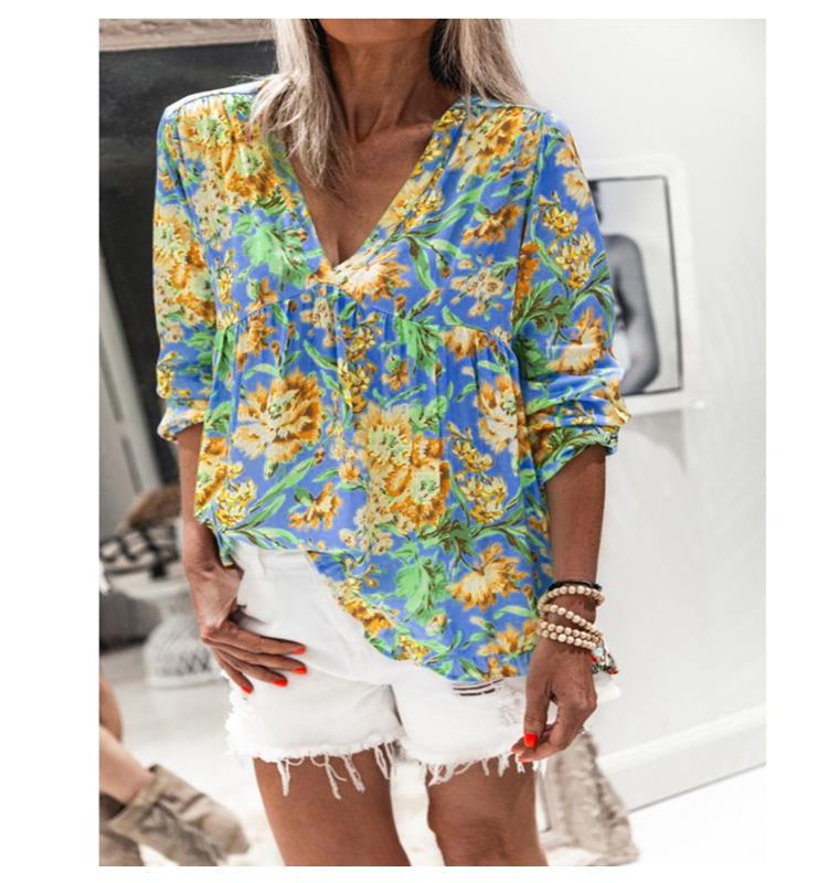 New Floral Print V-neck Long-sleeved T-shirt