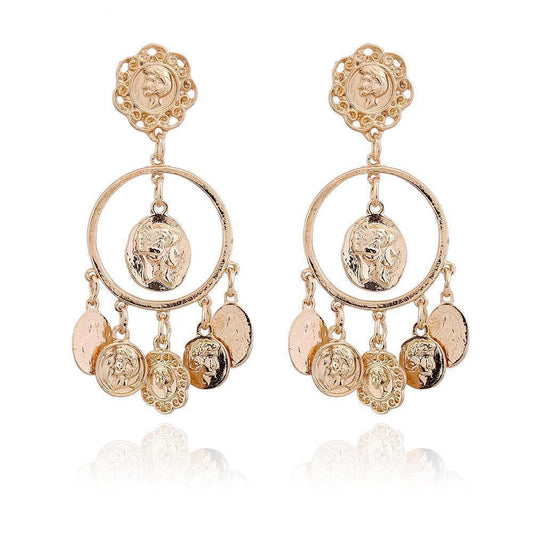 Baroque Mississippi Style Head Coin Circle Hollow Earrings