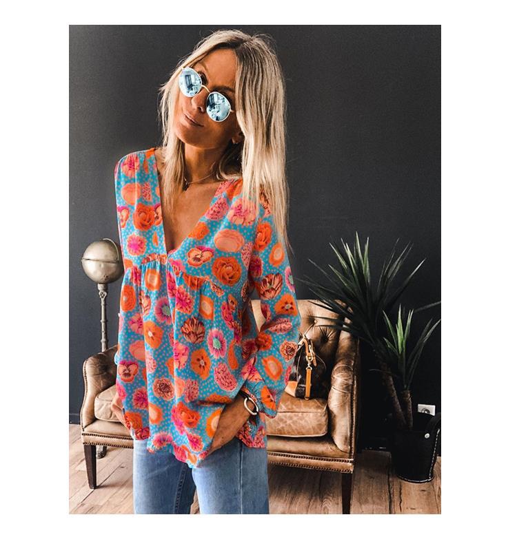 New Floral Print V-neck Long-sleeved T-shirt