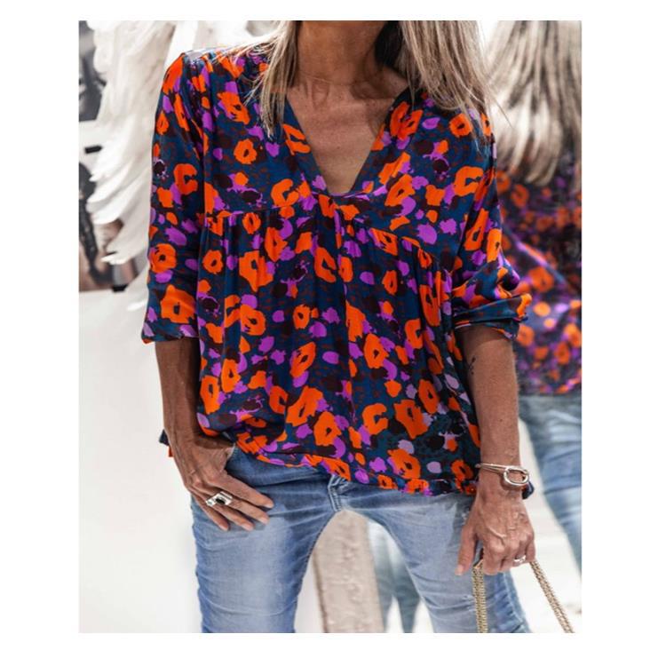 New Floral Print V-neck Long-sleeved T-shirt