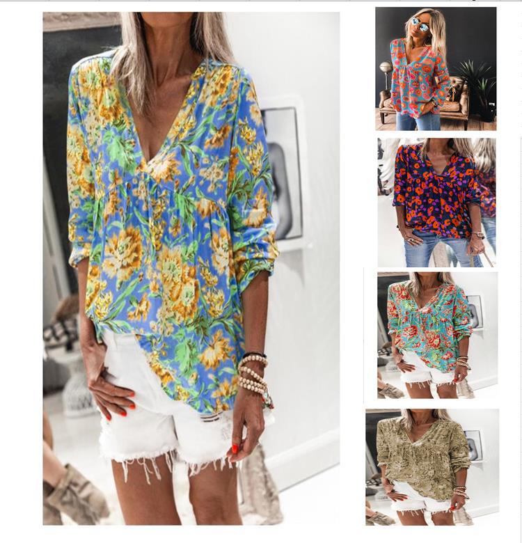 New Floral Print V-neck Long-sleeved T-shirt