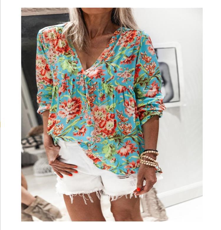 New Floral Print V-neck Long-sleeved T-shirt