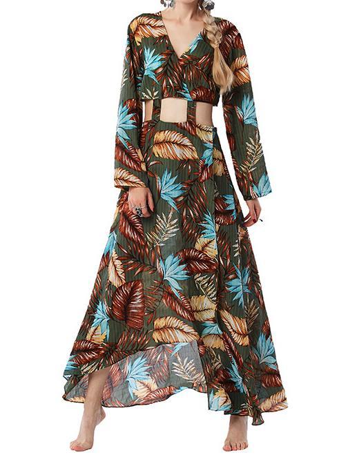 2018 Print Long Sleeve V Neck Bohemia Maxi Long Dress