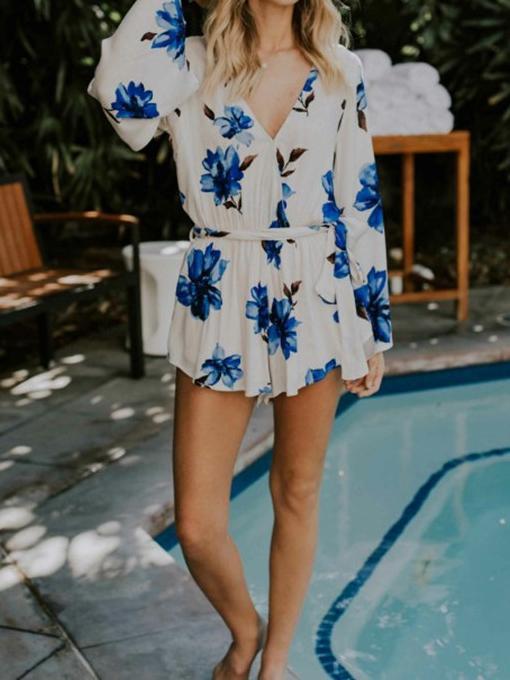 Flower V Neck Long Sleeve Short Mini Dress