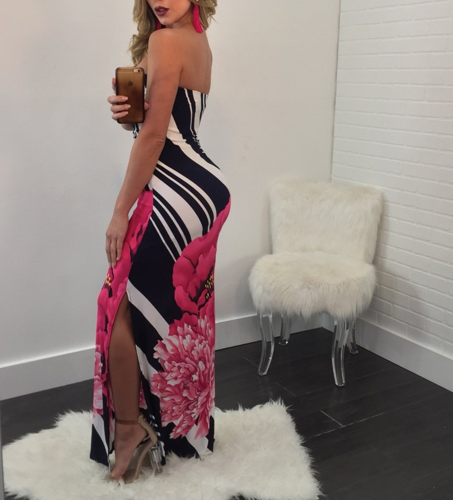 Sexy Printed Strapless Blackless Side Split Bodycon Maxi Long Dress