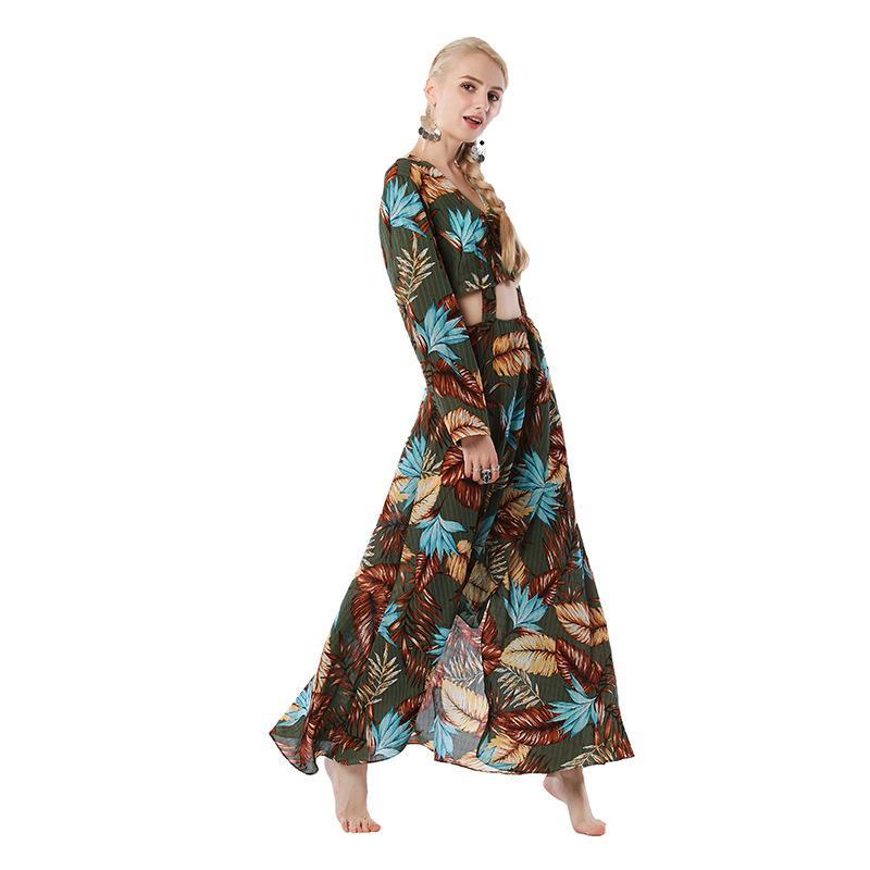 2018 Print Long Sleeve V Neck Bohemia Maxi Long Dress