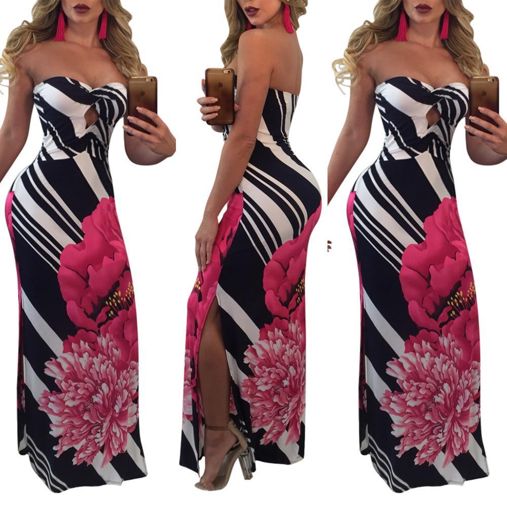 Sexy Printed Strapless Blackless Side Split Bodycon Maxi Long Dress