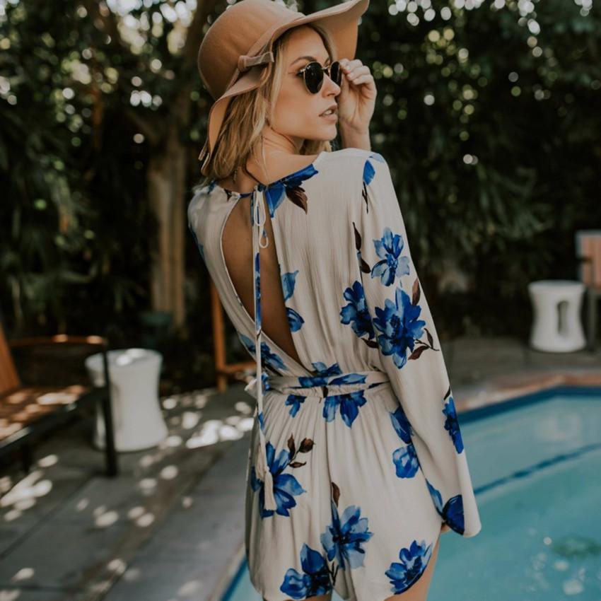 Flower V Neck Long Sleeve Short Mini Dress