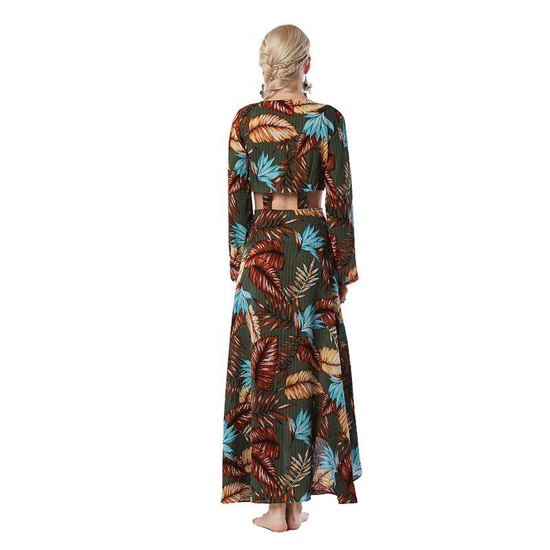 2018 Print Long Sleeve V Neck Bohemia Maxi Long Dress