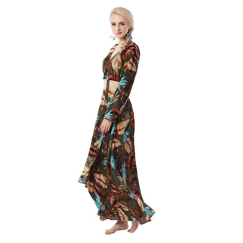 2018 Print Long Sleeve V Neck Bohemia Maxi Long Dress