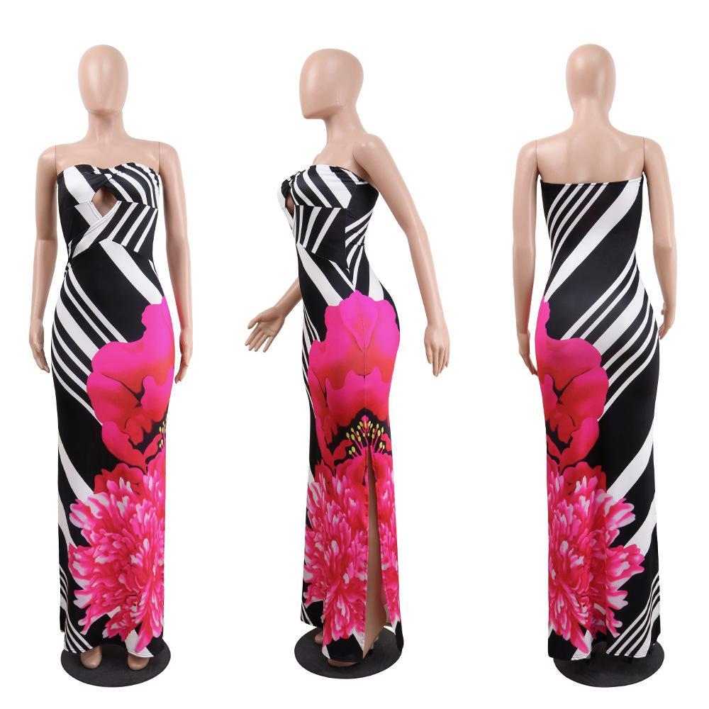 Sexy Printed Strapless Blackless Side Split Bodycon Maxi Long Dress