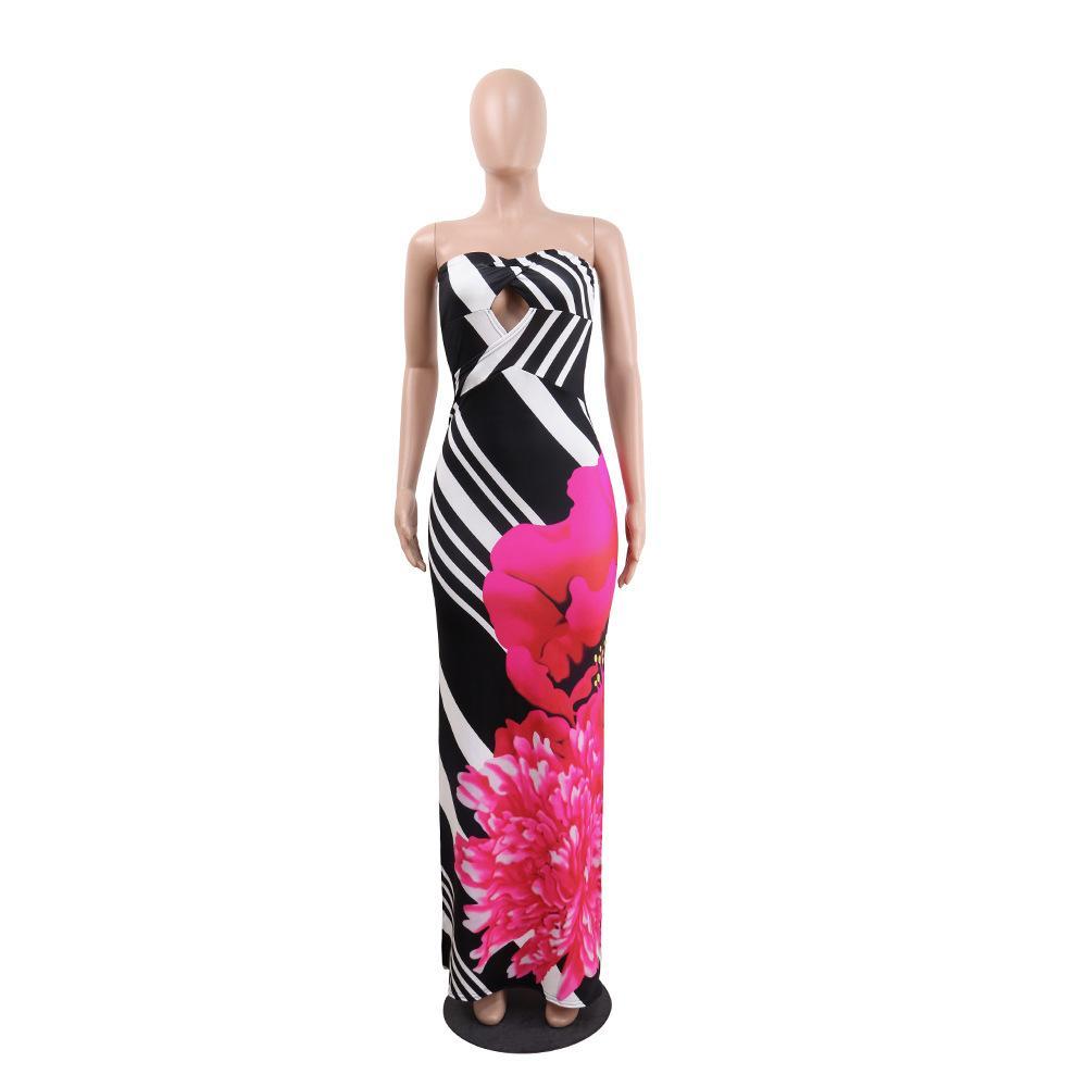 Sexy Printed Strapless Blackless Side Split Bodycon Maxi Long Dress