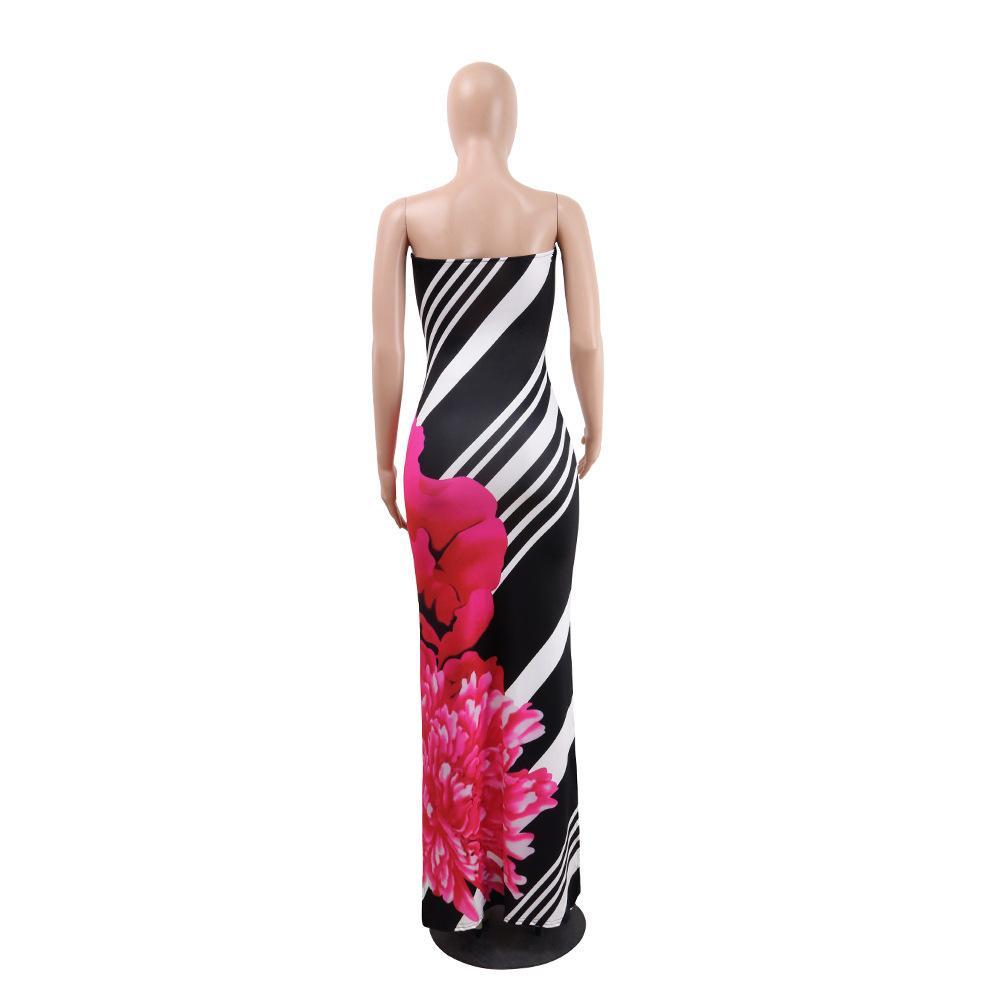 Sexy Printed Strapless Blackless Side Split Bodycon Maxi Long Dress