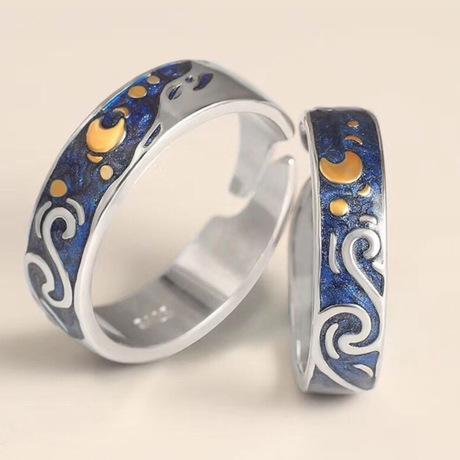 Genuine Van Gogh's Enamel Rings Jewelry 925 Silver Glitter Deer Sky Gold Moon Star Canvas Finger Ring Romantic for Women