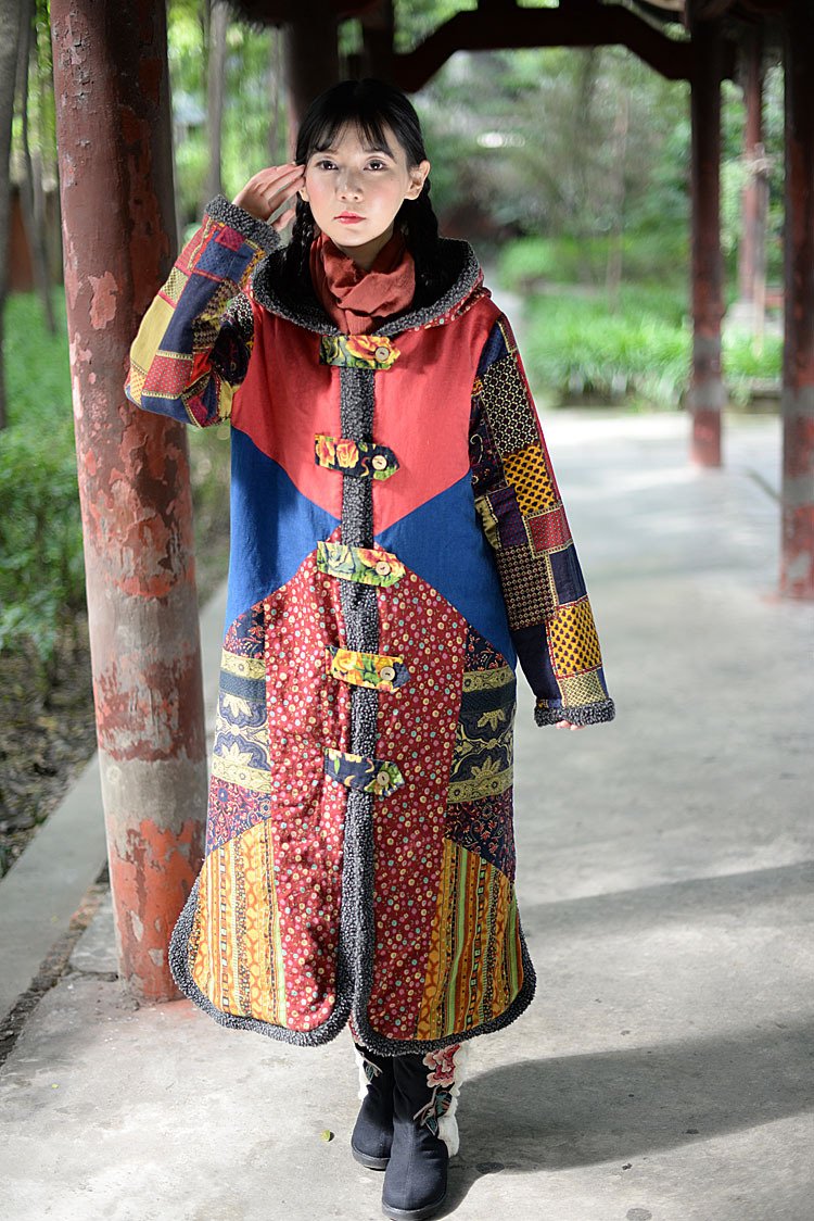 Boho Winter Patchwork Lamb Cashmere Thick Long Cotton Coat