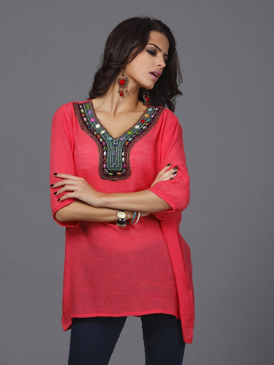 Pretty Bohemia Half Sleeve V Neck Embroidery Blouse Tops