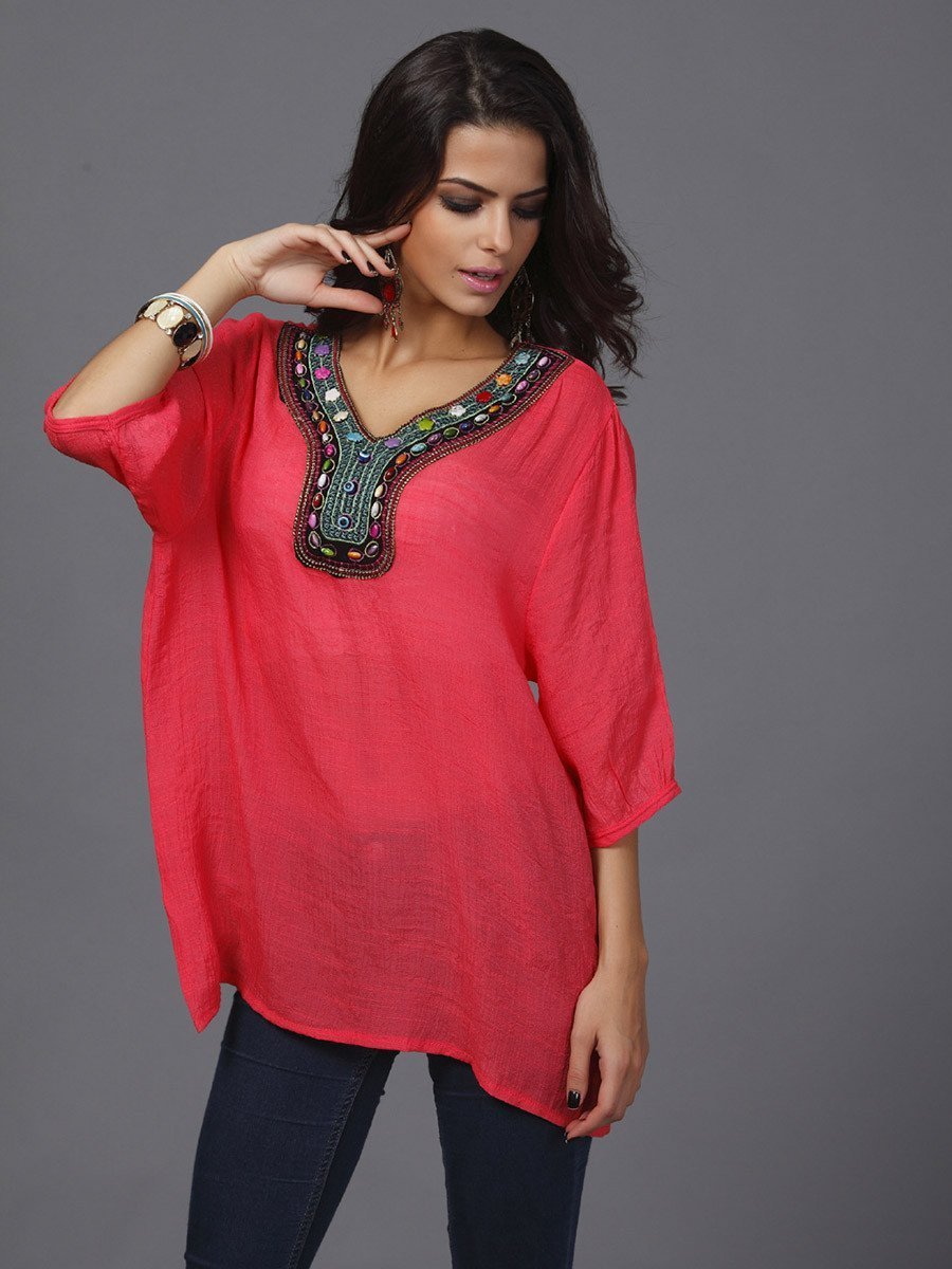 Pretty Bohemia Half Sleeve V Neck Embroidery Blouse Tops