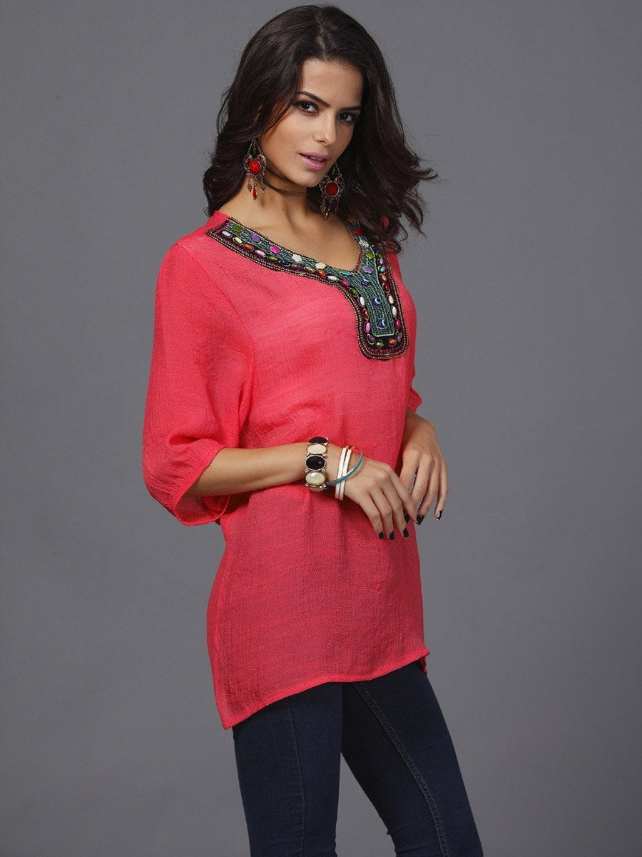 Pretty Bohemia Half Sleeve V Neck Embroidery Blouse Tops