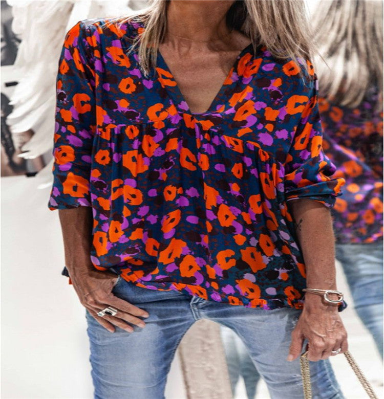 New Floral Print V-neck Long-sleeved T-shirt