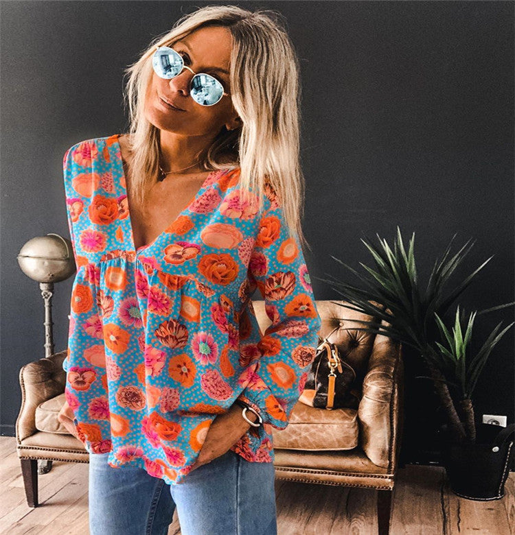 New Floral Print V-neck Long-sleeved T-shirt