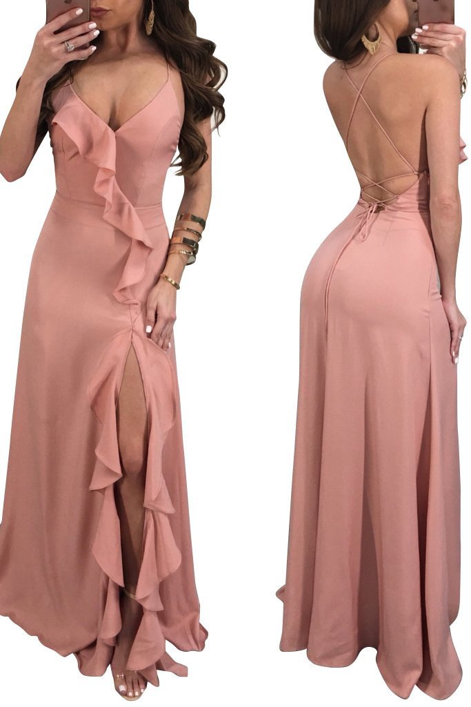 2018 New Sexy Spaghetti Strap Side Split Solid Color Maxi Dress