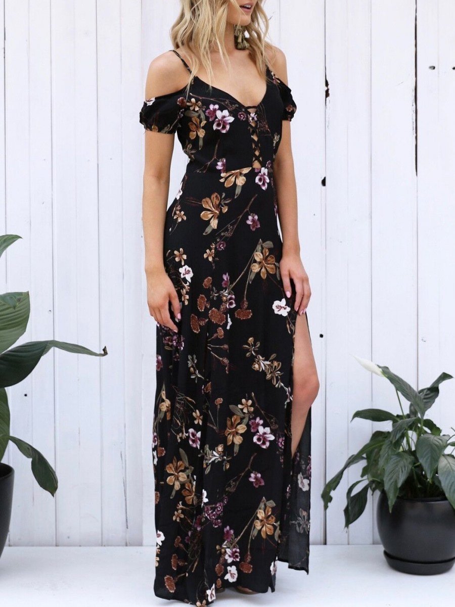 Pretty Floral Black Deep V Neck Off Shoulder Side Split Maxi Dress