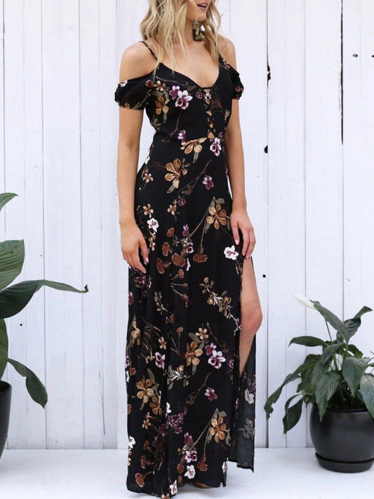 Pretty Floral Black Deep V Neck Off Shoulder Side Split Maxi Dress