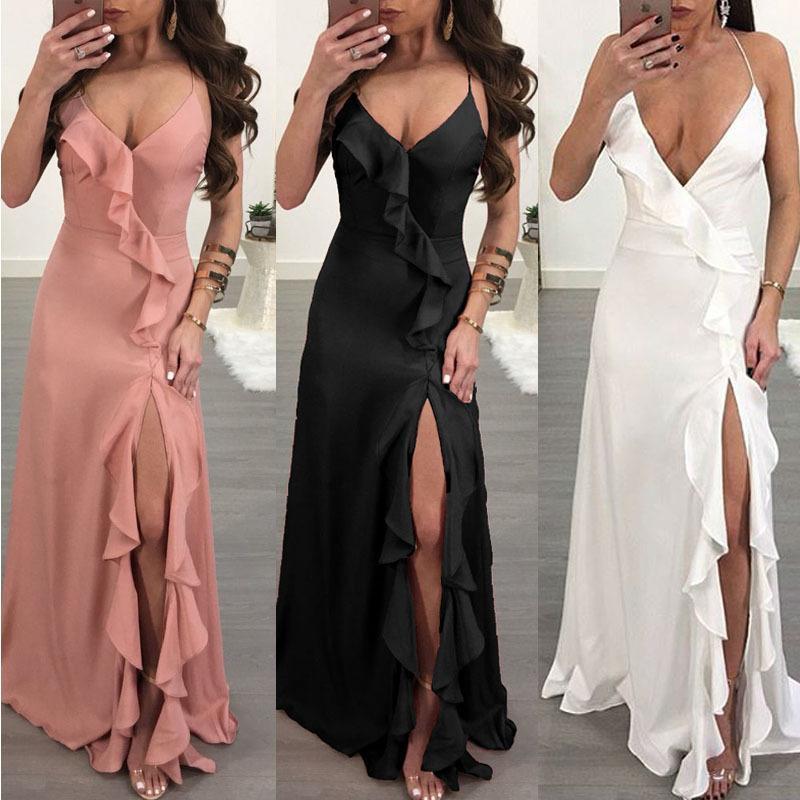 2018 New Sexy Spaghetti Strap Side Split Solid Color Maxi Dress