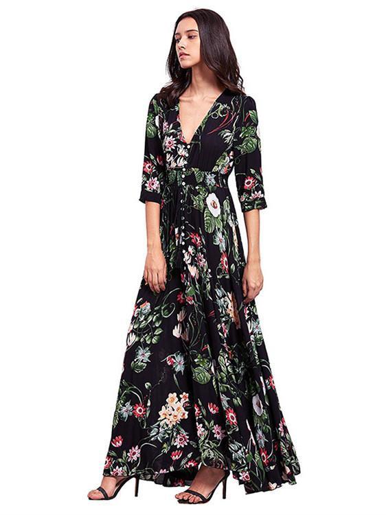 Pretty Bohemia Floral Printed V Neck Maxi Dress