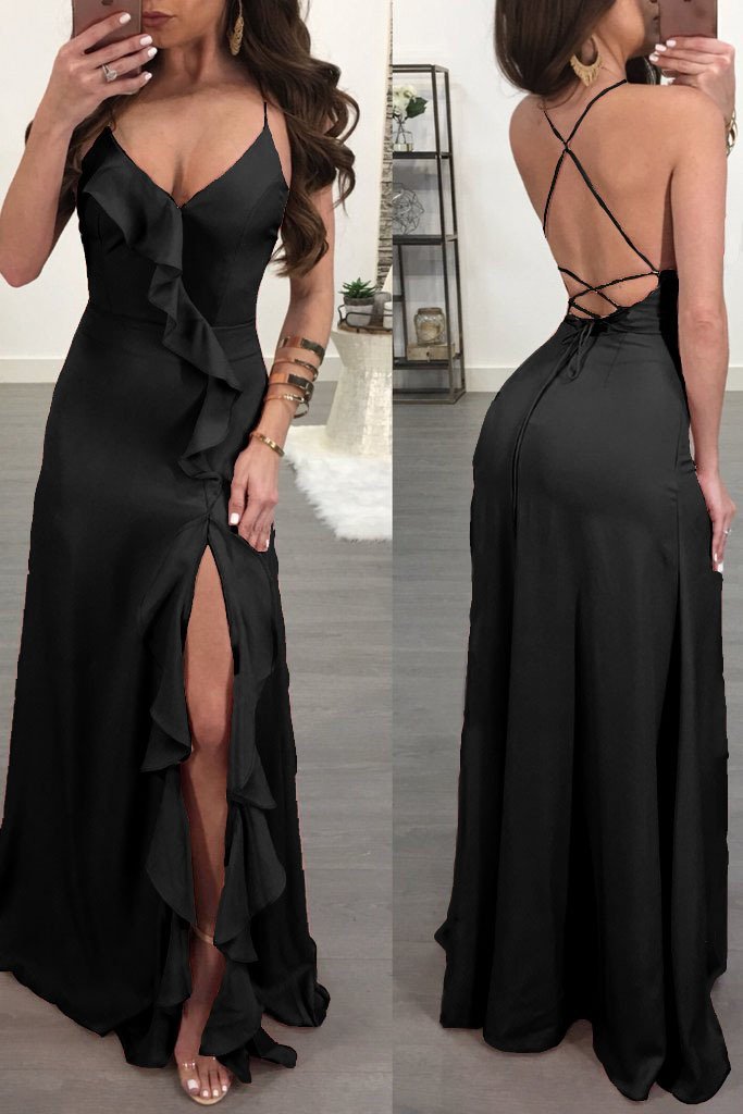 2018 New Sexy Spaghetti Strap Side Split Solid Color Maxi Dress