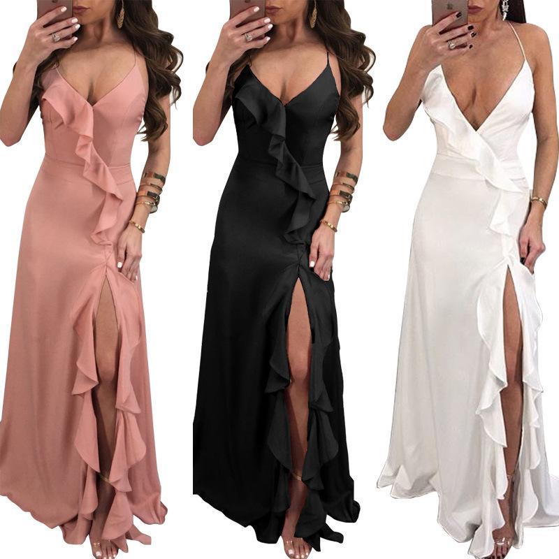 2018 New Sexy Spaghetti Strap Side Split Solid Color Maxi Dress