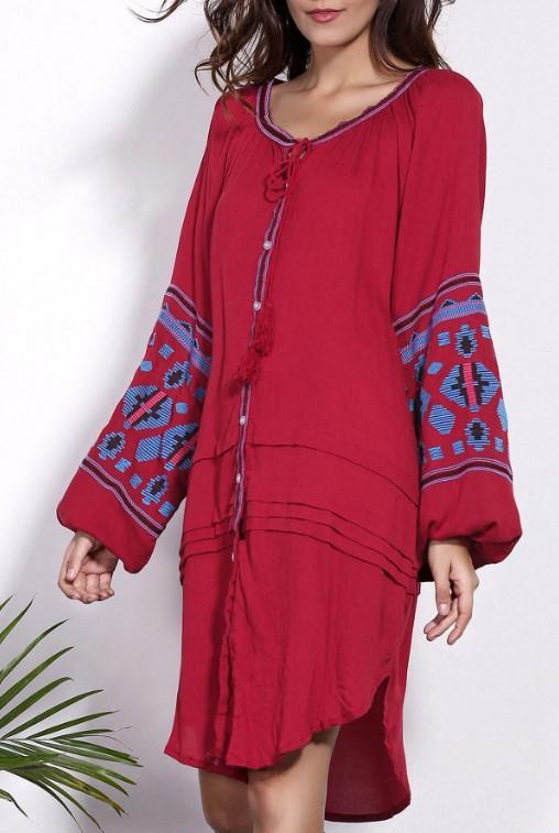 2018 new arrival Ethnic style embroidery Loose-breasted lace dress